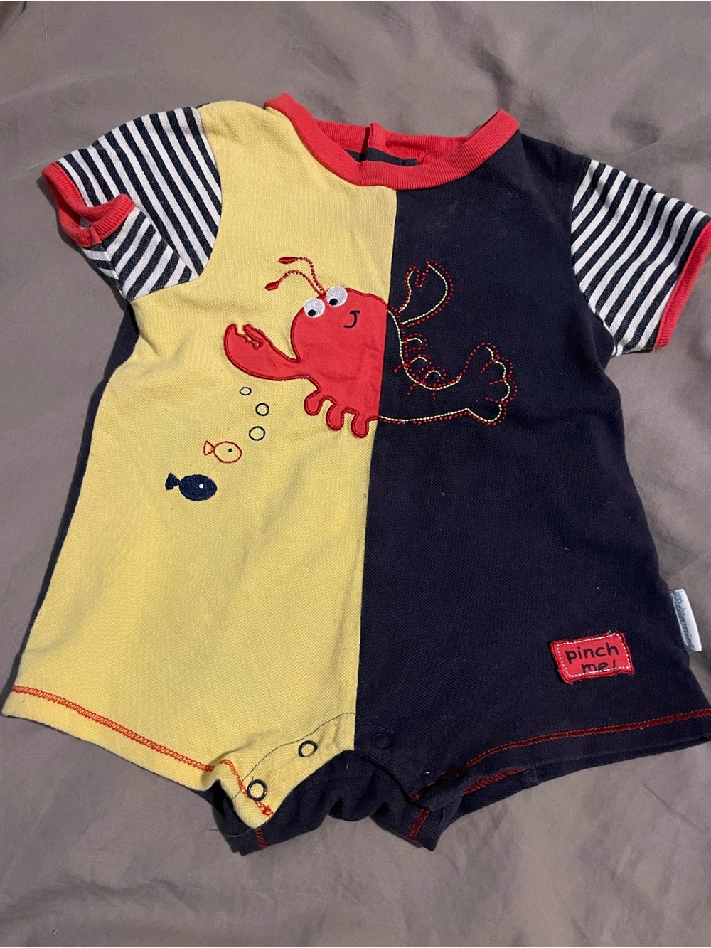 Vintage baby Pinch Me! Infant Crab Romper in Yellow & Navy